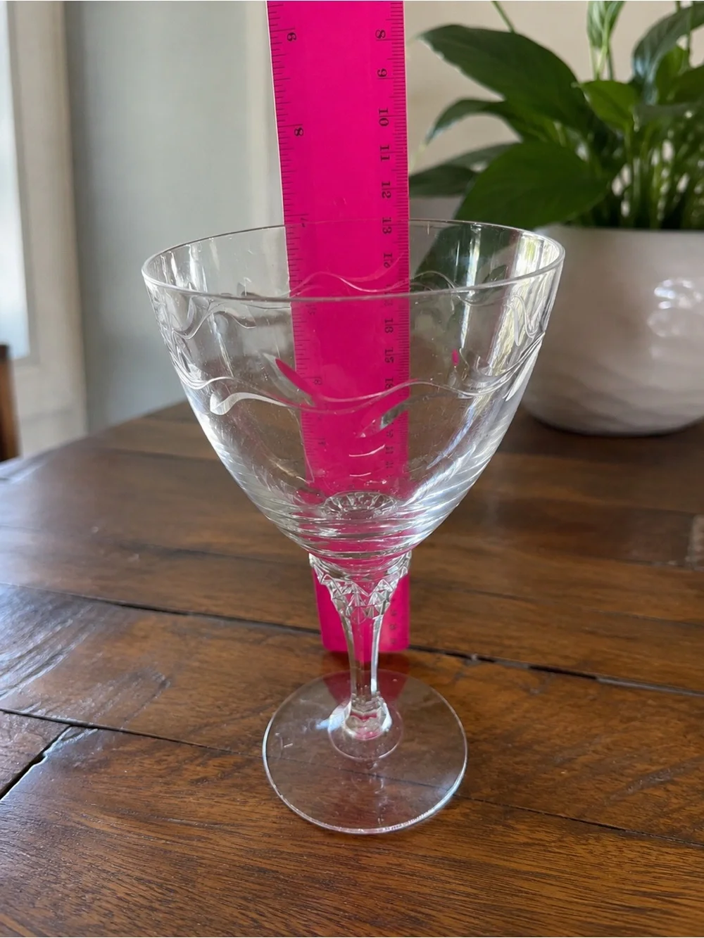 Vintage Clear Etched Crystal Wine Goblets Set of 8 Diamond Stem Scroll Pattern